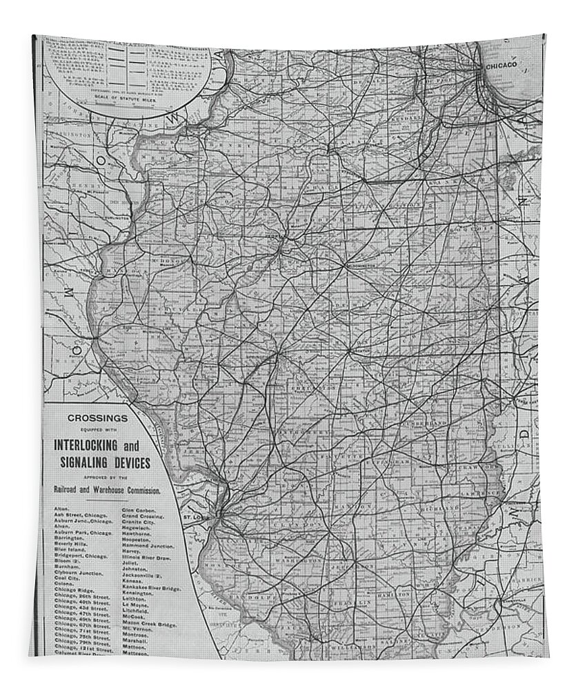 1885 Tapestry featuring the photograph 1895 Historical Railroad Map of Illinois Black and White Map by Toby McGuire