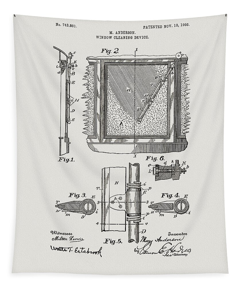 1903 Window Cleaner Patent Tapestry featuring the drawing 1903 Window Cleaner Patent by Dan Sproul