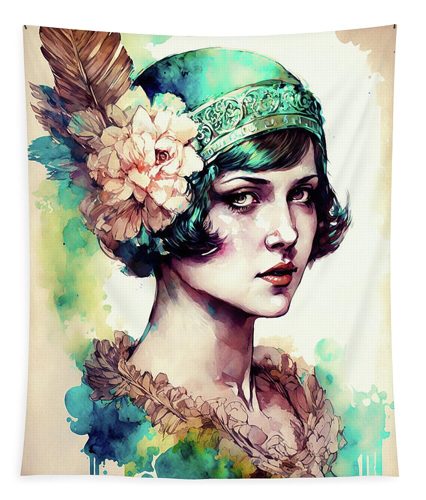 Woman Tapestry featuring the digital art 1920s Flapper Woman Watercolor 04 by Matthias Hauser