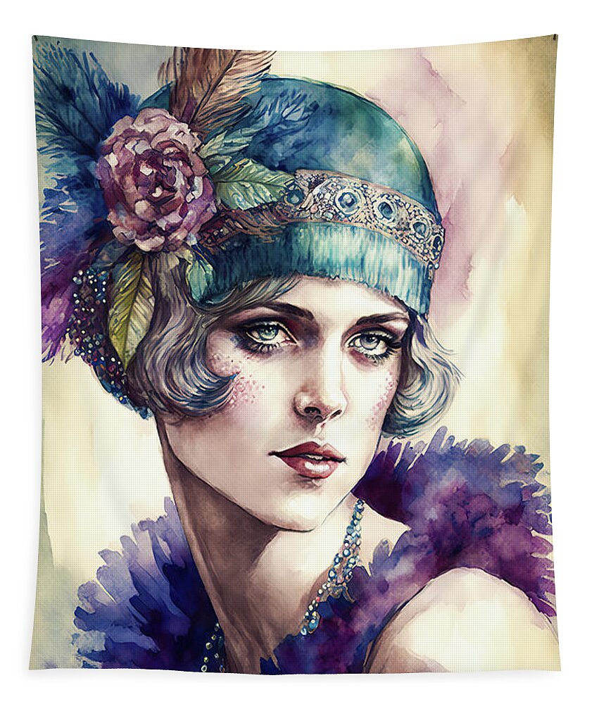 Woman Tapestry featuring the digital art 1920s Flapper Woman Watercolor 05 by Matthias Hauser