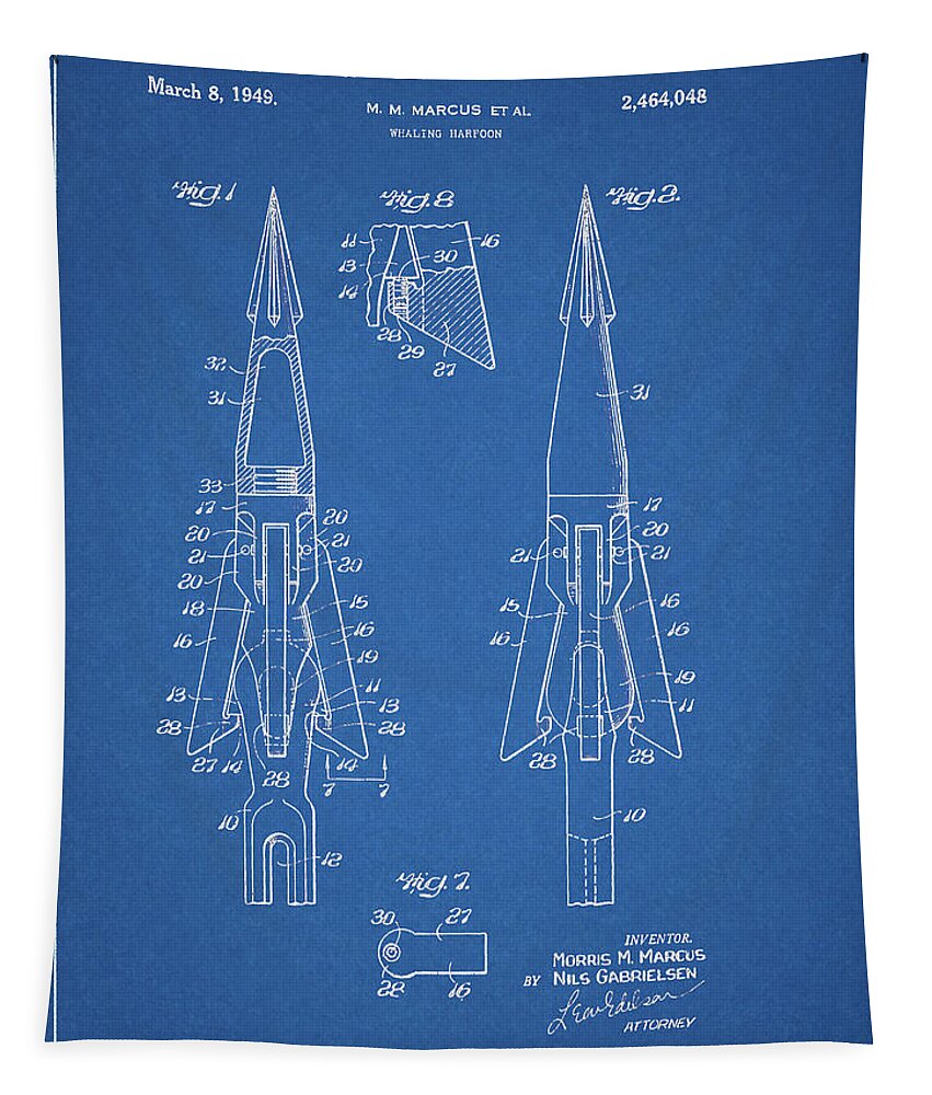 Whale Tapestry featuring the drawing 1949 Whaling Harpoon Patent Design by Dan Sproul