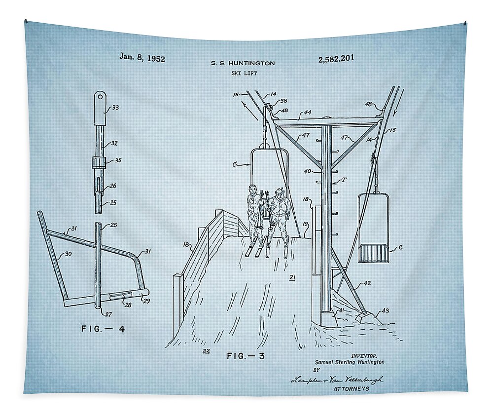 Ski Lift Tapestry featuring the drawing 1952 Ski Lift Patent by Dan Sproul