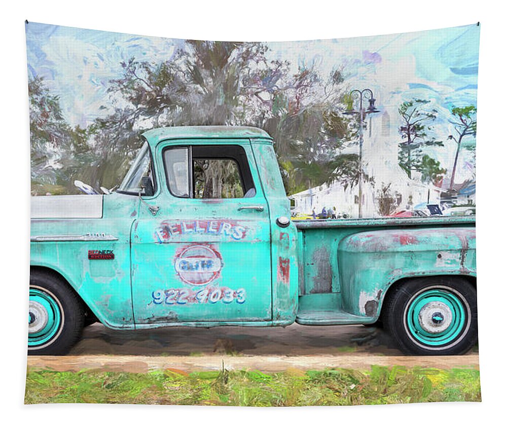 1956 Chevrolet 3100 Stepside Pickup Truck Tapestry featuring the photograph 1956 Blue Chevrolet 3100 Stepside Pickup Truck X108 by Rich Franco