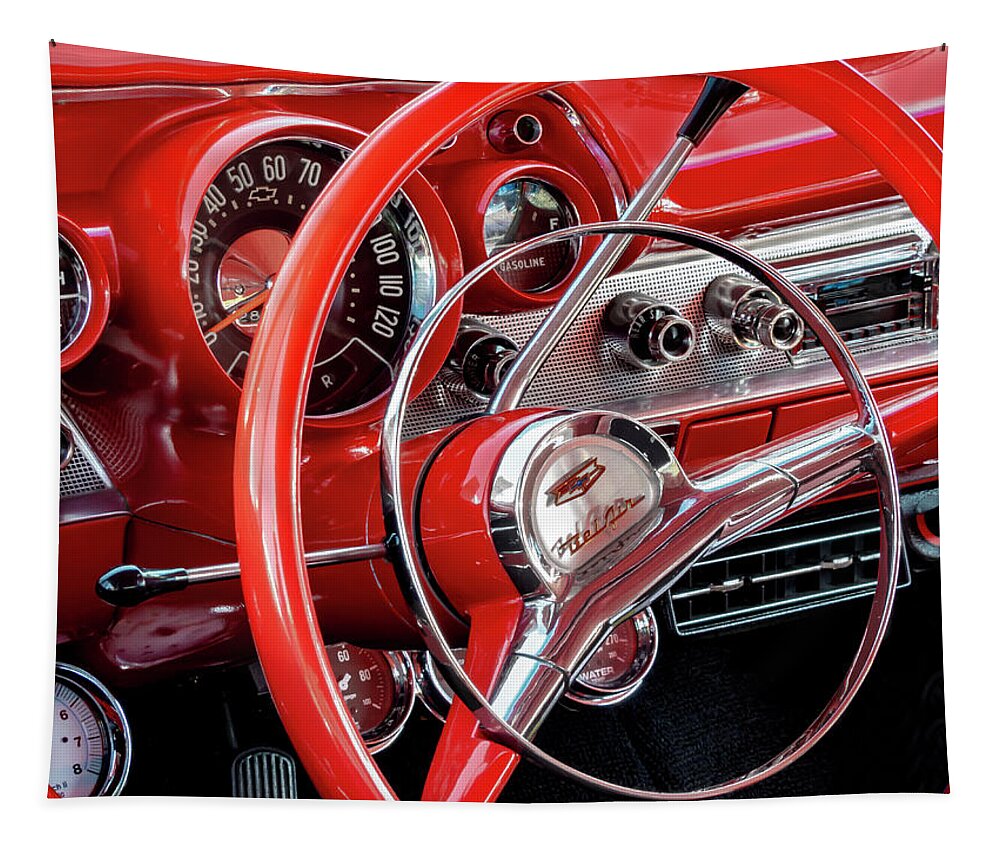 57 Chevy Tapestry featuring the photograph 1957 Chevy Belair dash board detail by Gary Warnimont