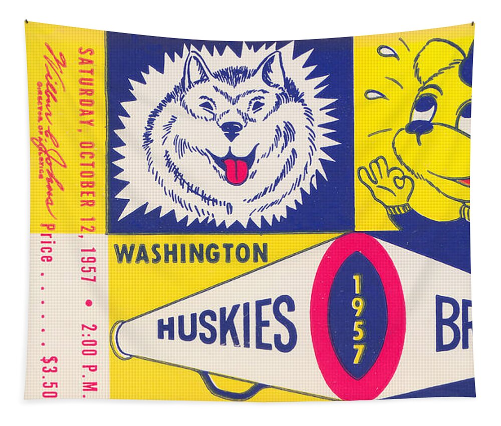 Ucla Football Tickets Tapestry featuring the mixed media 1957 Washington vs. UCLA by Row One Brand