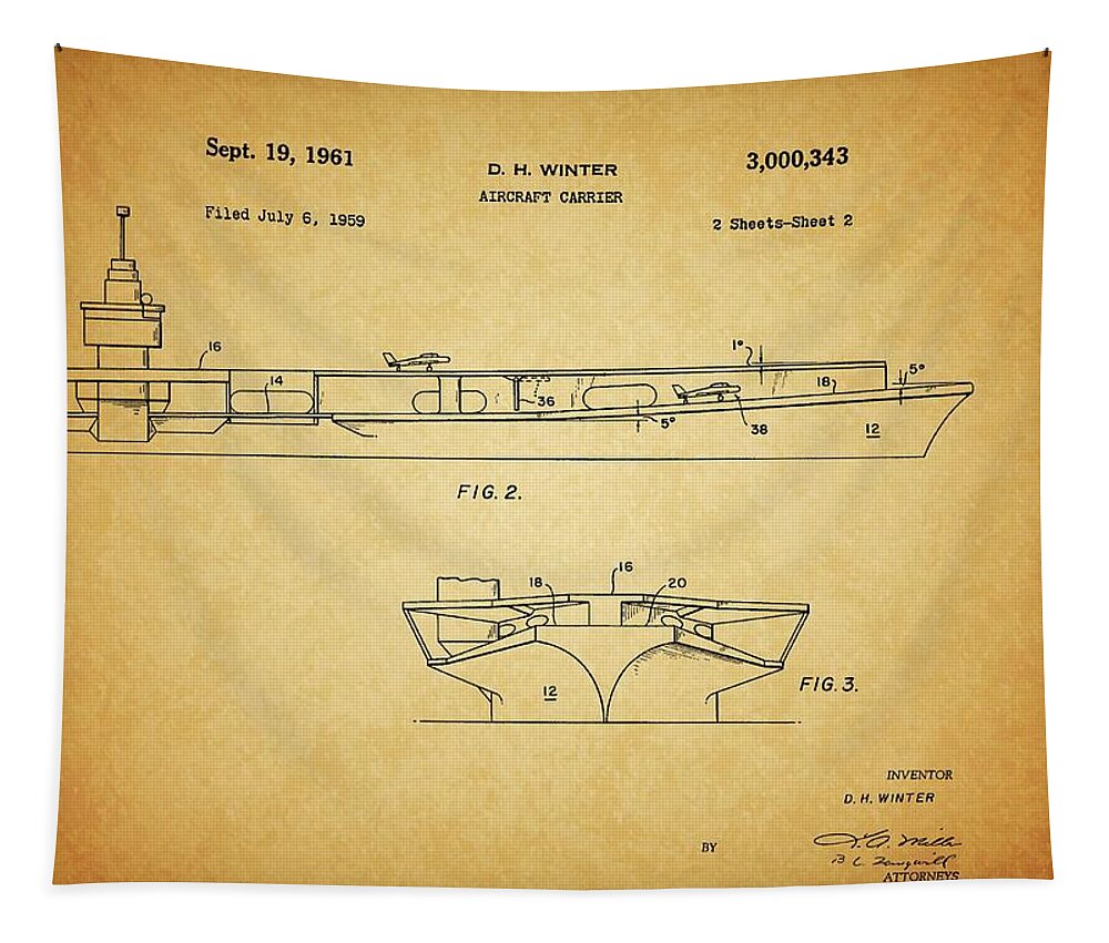 1961 Aircraft Carrier Patent Tapestry featuring the drawing 1961 Aircraft Carrier Patent by Dan Sproul