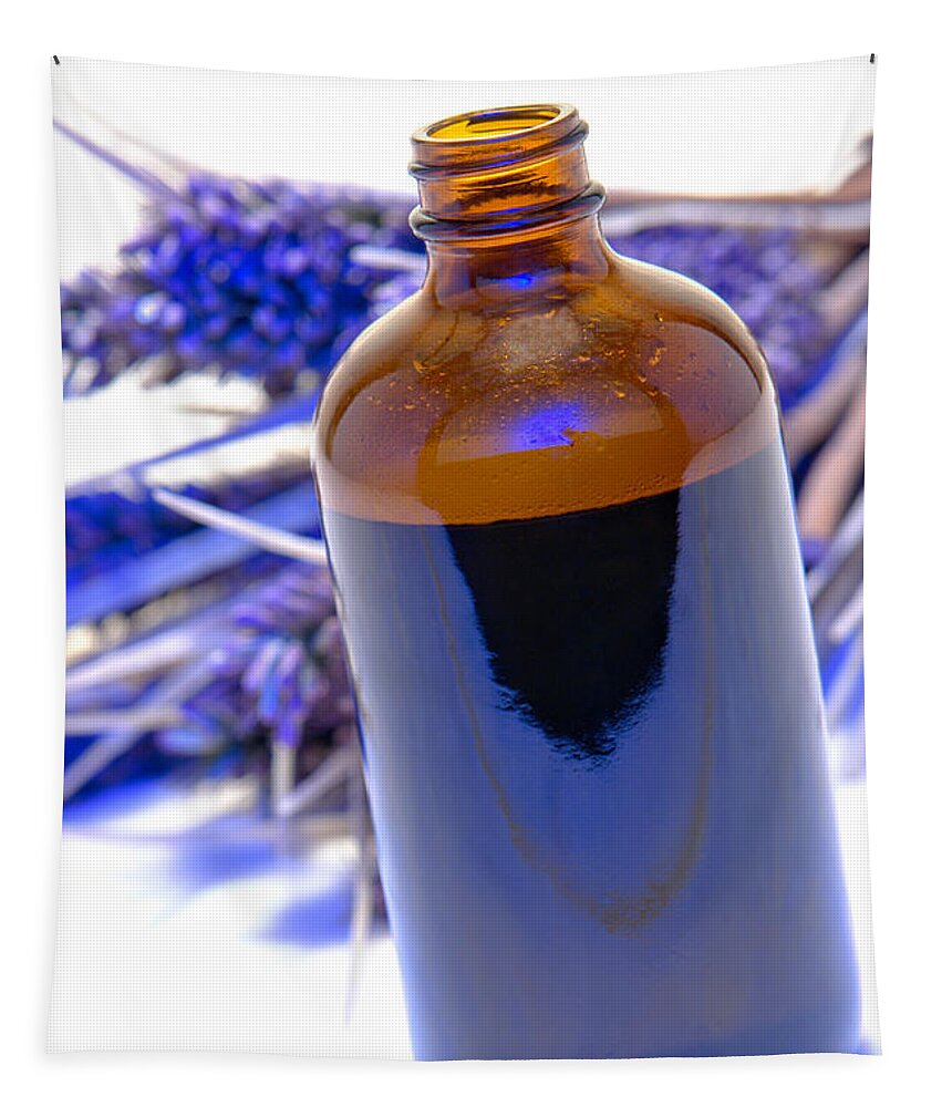 Aromatherapy Tapestry featuring the photograph Aromatherapy Bottle with Blue Flower Background by Olivier Le Queinec