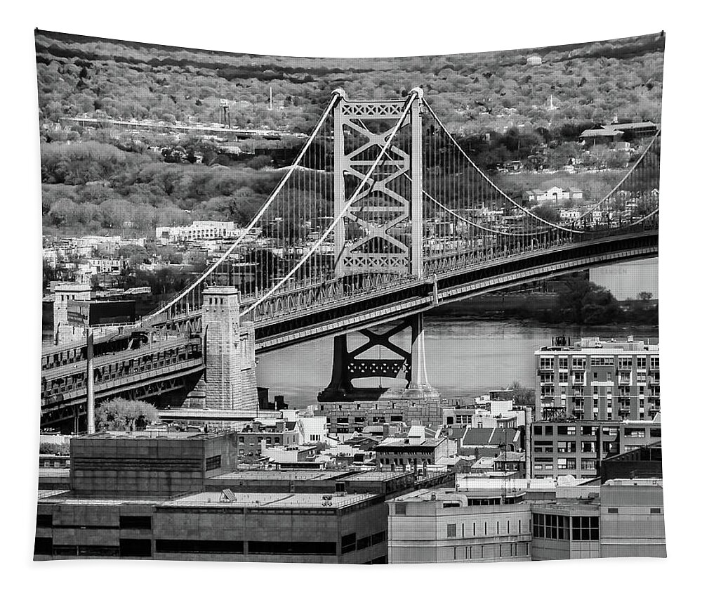 B&w Tapestry featuring the photograph Ben Franklin Bridge #2 by Louis Dallara
