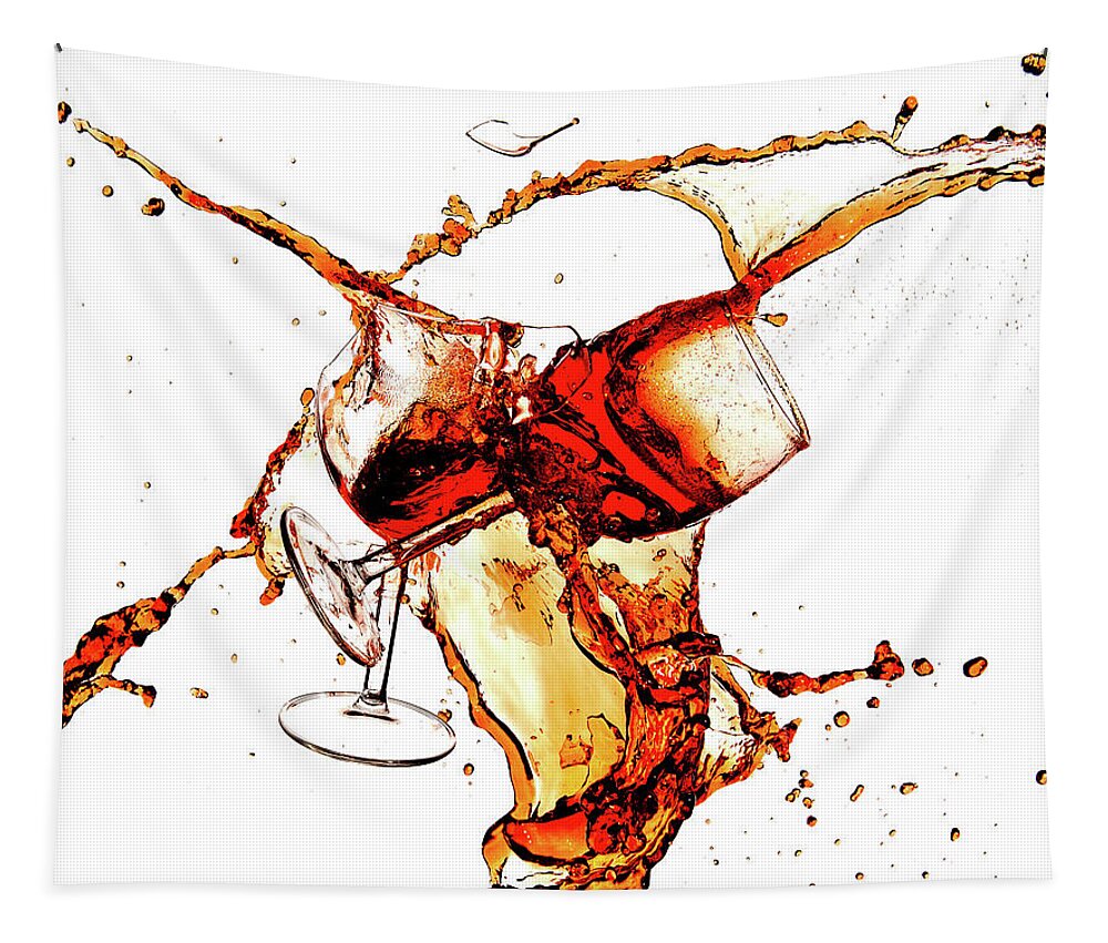 Damaged Tapestry featuring the photograph Broken wine glasses with wine splashes on a white background by Michalakis Ppalis