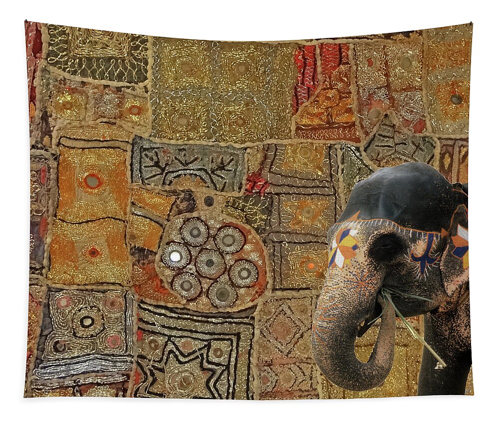 Painted Tapestry featuring the photograph Caparisoned elephants on parade #2 by Steve Estvanik