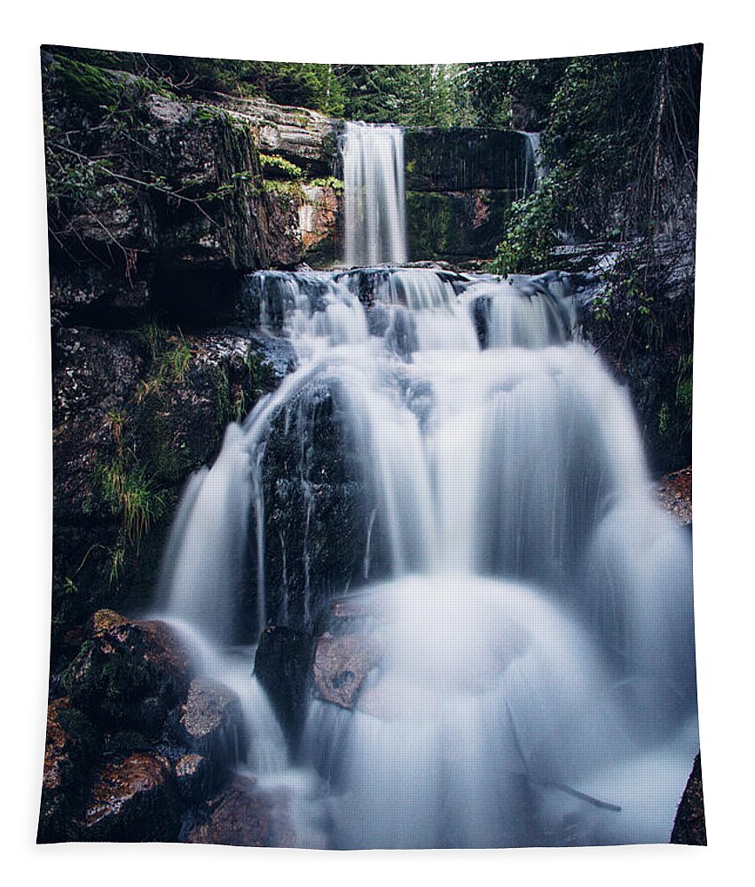 Jizera Mountains Tapestry featuring the photograph Cascade of two large waterfalls on the small river Jedlova by Vaclav Sonnek