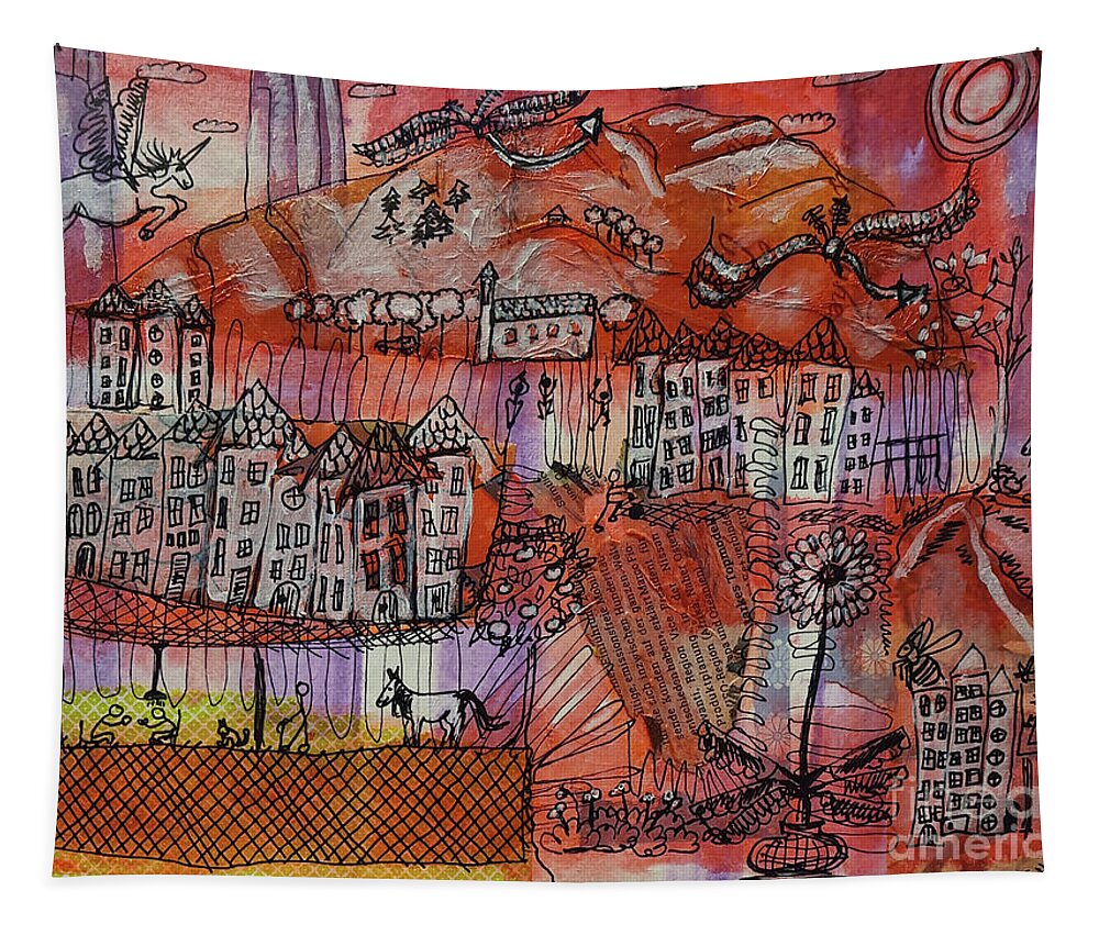 Houses Tapestry featuring the mixed media 2 Dragons and a Unicorn by Mimulux Patricia No