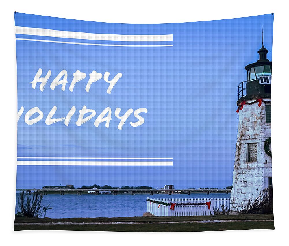 Happy Holidays From Goat Island Lighthouse Tapestry featuring the photograph Happy Holidays from Goat Island Lighthouse by Christina McGoran