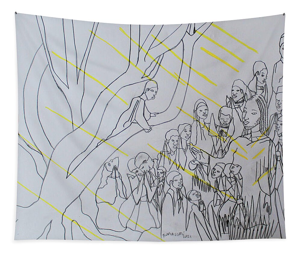  Tapestry featuring the drawing Jesus meets Zacchaeus #2 by Gloria Ssali