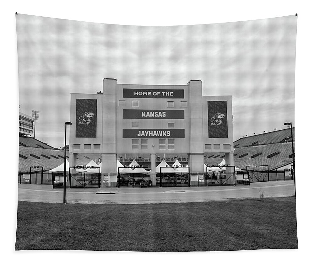Kansas Jayhawks Stadium Tapestry featuring the photograph Kansas Jayhawks football stadium in black and white by Eldon McGraw