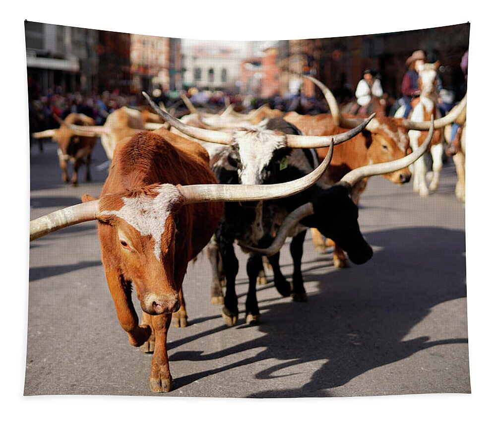 Human Interest Tapestry featuring the photograph Longhorn Steer in downtown Denver #2 by Rick Wilking