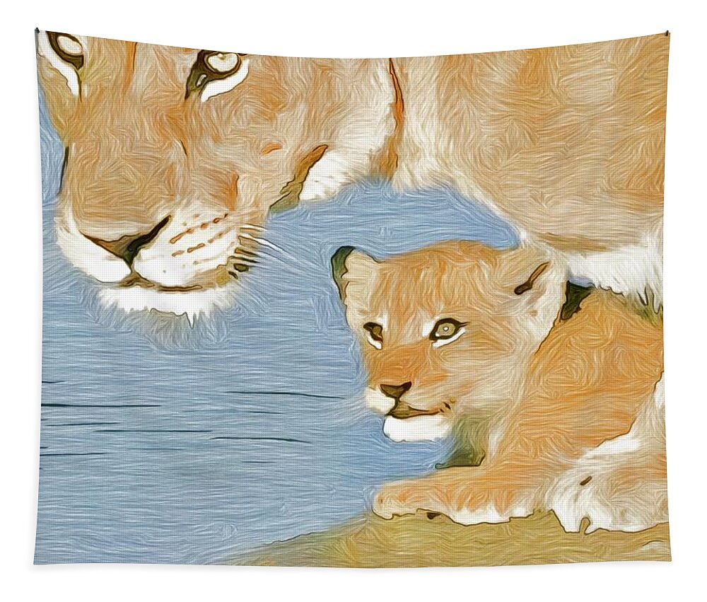 Lion Tapestry featuring the photograph Mom and Cub #2 by Gini Moore