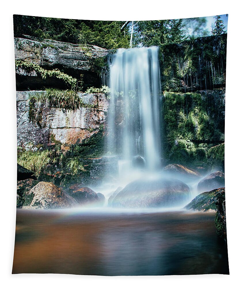 Jizera Mountains Tapestry featuring the photograph Pekelny waterfall with rainbow and magical colours by Vaclav Sonnek