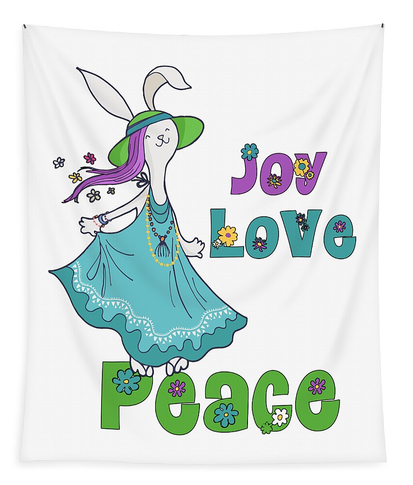 Christmas Tapestry featuring the digital art Retro Hippie Joy Love and Peace Dancing Holiday Bunny #2 by Doreen Erhardt