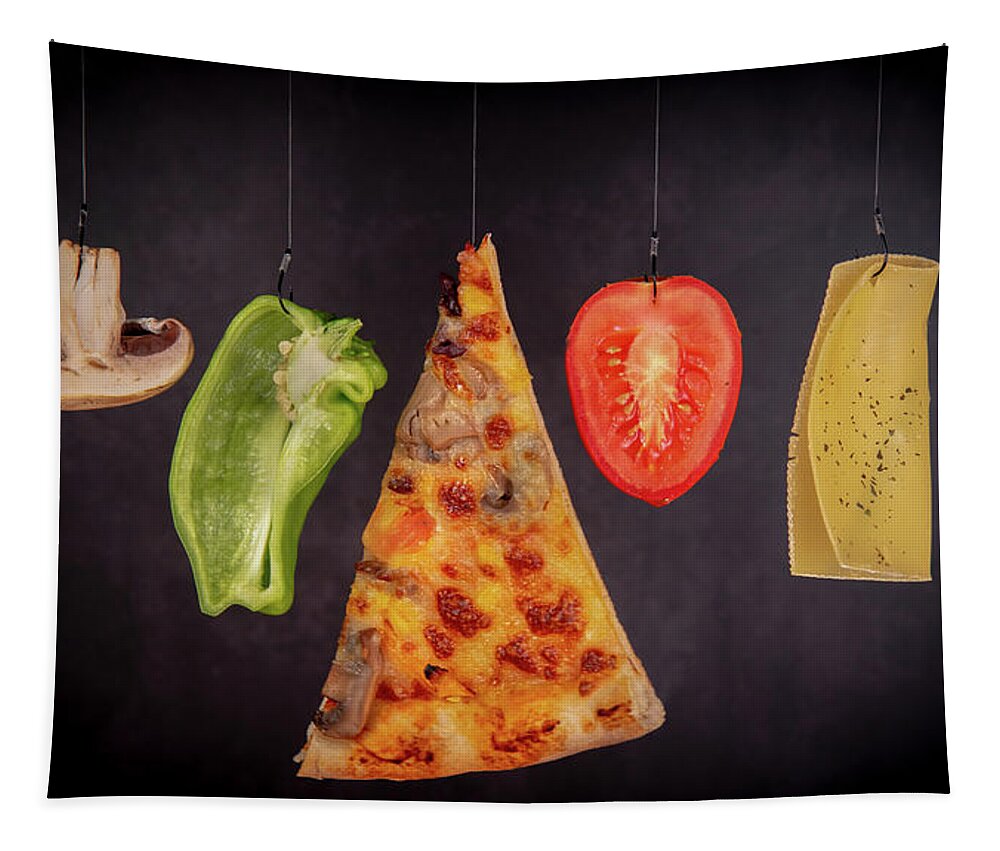 Pizza Tapestry featuring the photograph Slice of mozzarella pizza tomato cheese peeper and mushroom ingredients #1 by Michalakis Ppalis