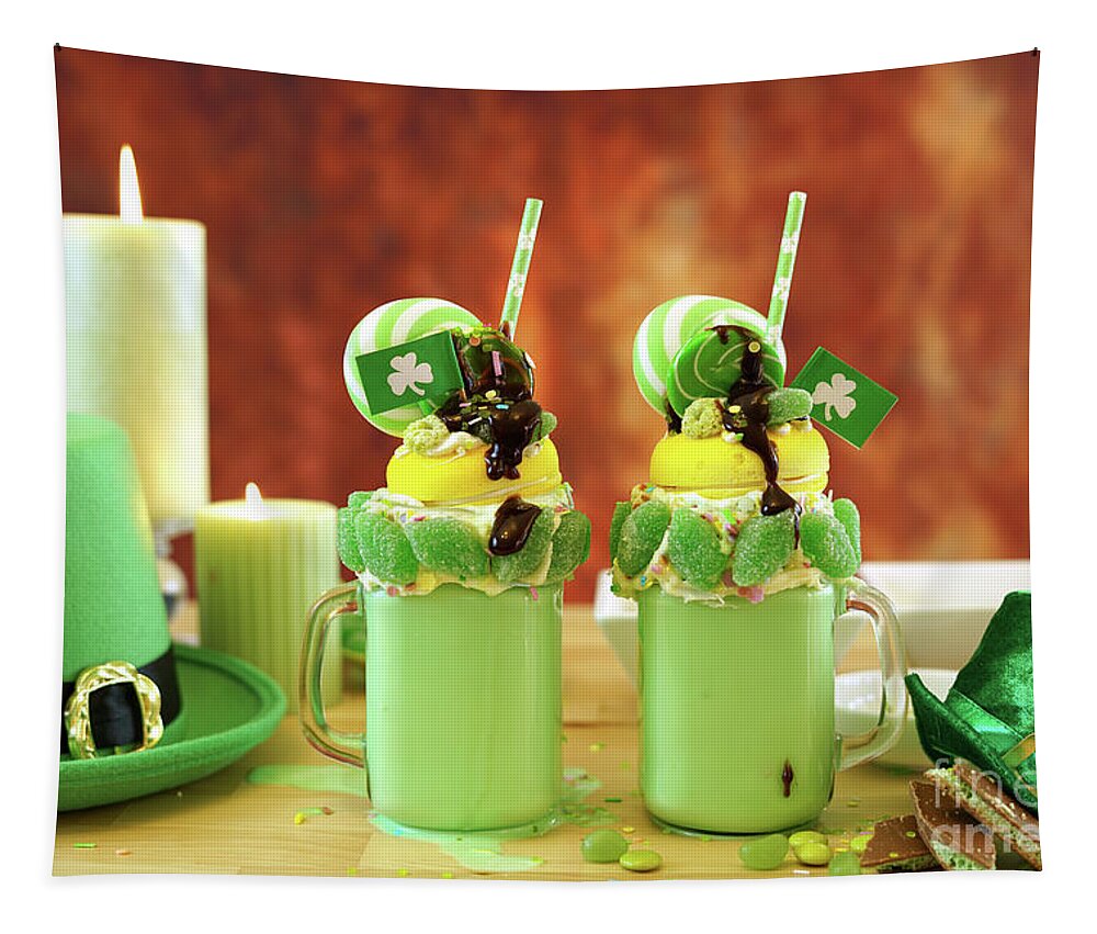 St Patricks Day Tapestry featuring the photograph St Patrick's Day on-trend holiday freak shakes with candy and lollipops. #2 by Milleflore Images