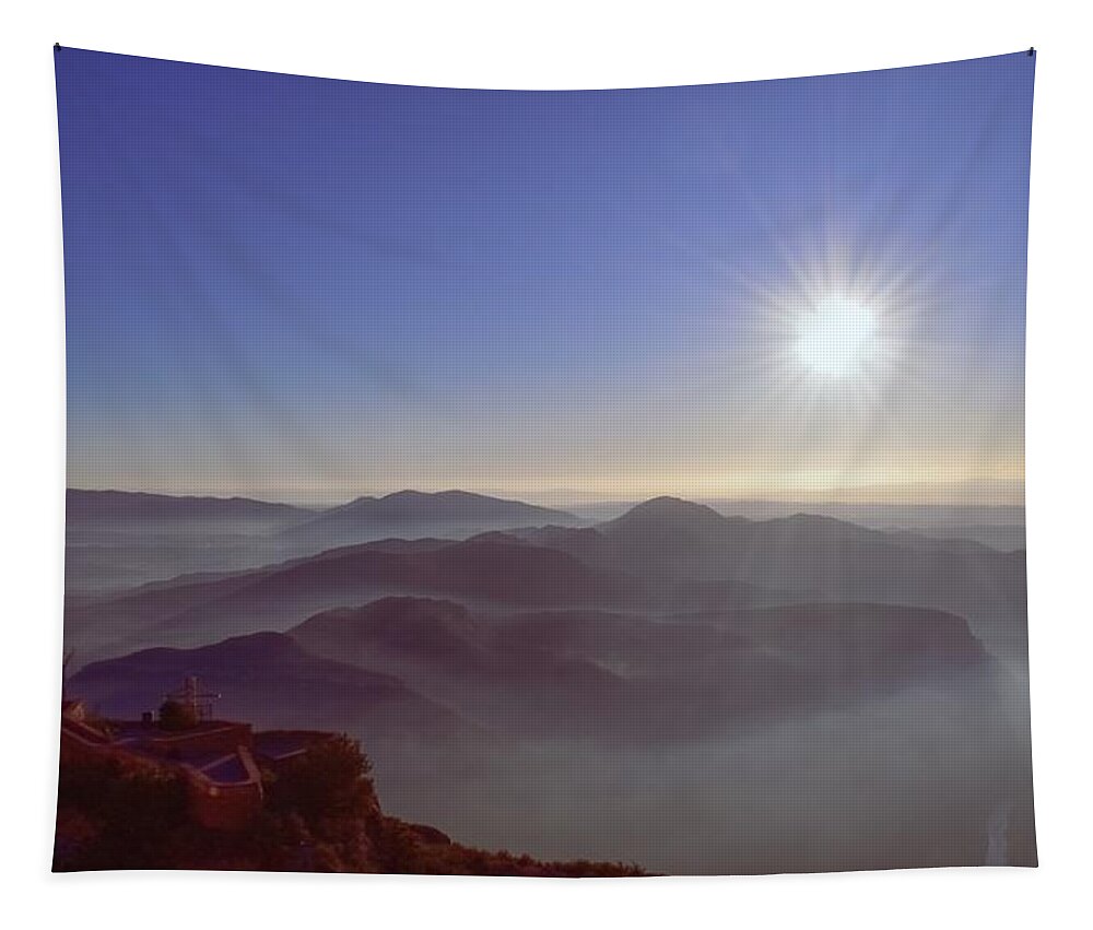 Sunrise Tapestry featuring the photograph Sunrise over the mountains from Abbey of Montserrat #3 by Christina McGoran