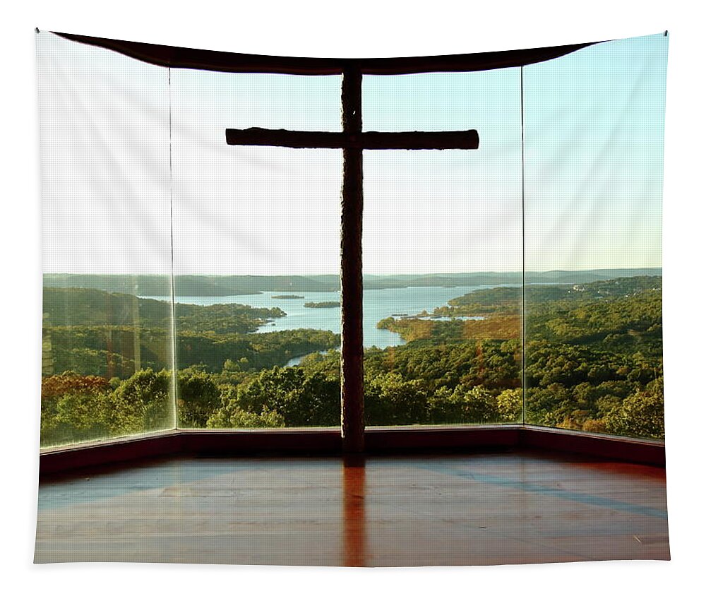 Table Rock Lake Tapestry featuring the photograph Top of the Rock Stone Chapel by Lens Art Photography By Larry Trager