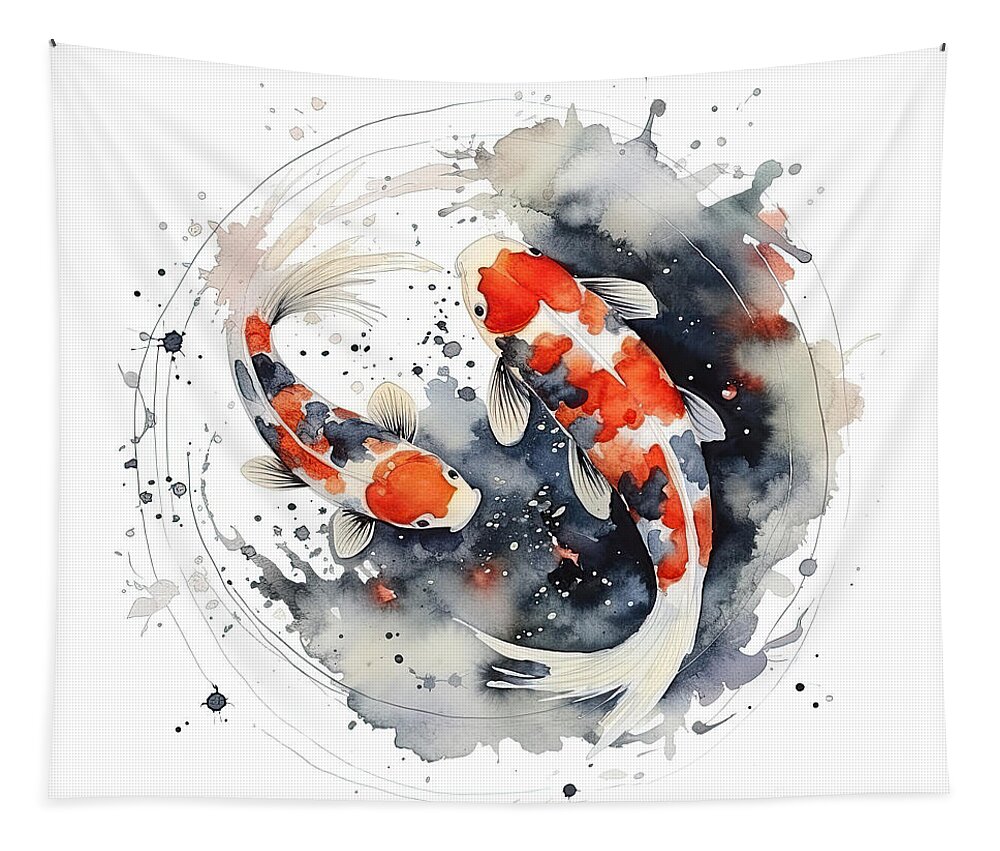 Two beautiful Japanese koi fish in traditional sumi-e #3 Tapestry by Jane  Rix - Fine Art America