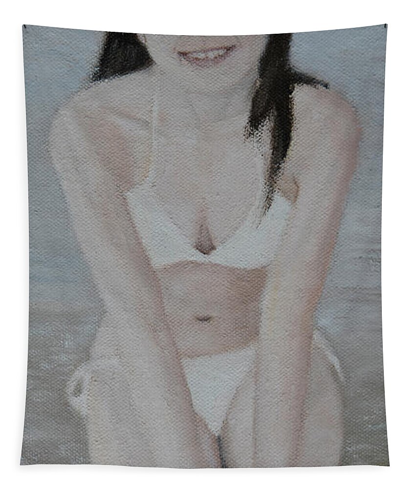 Portrait Tapestry featuring the painting White Bikini #2 by Masami IIDA