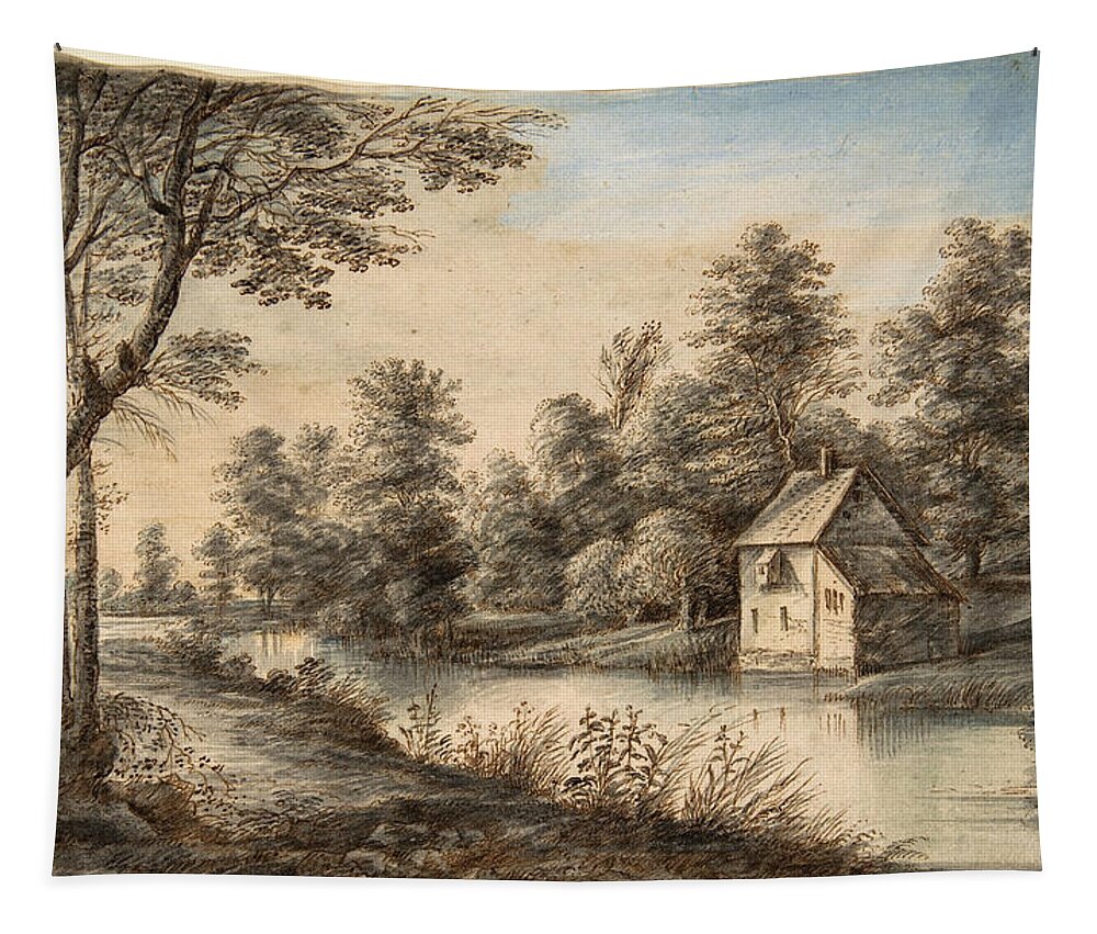 Lucas Van Uden Tapestry featuring the drawing Wooded Landscape with a House beside a River by Lucas van Uden