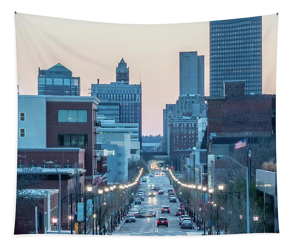  Tapestry featuring the photograph Des Moines Iowa skyline in USA at night #20 by Alex Grichenko