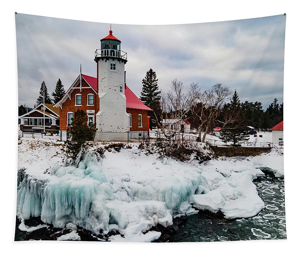 Eagle Harbor Mi Tapestry featuring the photograph Winter view of Eagle Harbor Lighthouse in Eagle Harbor Michigan #21 by Eldon McGraw