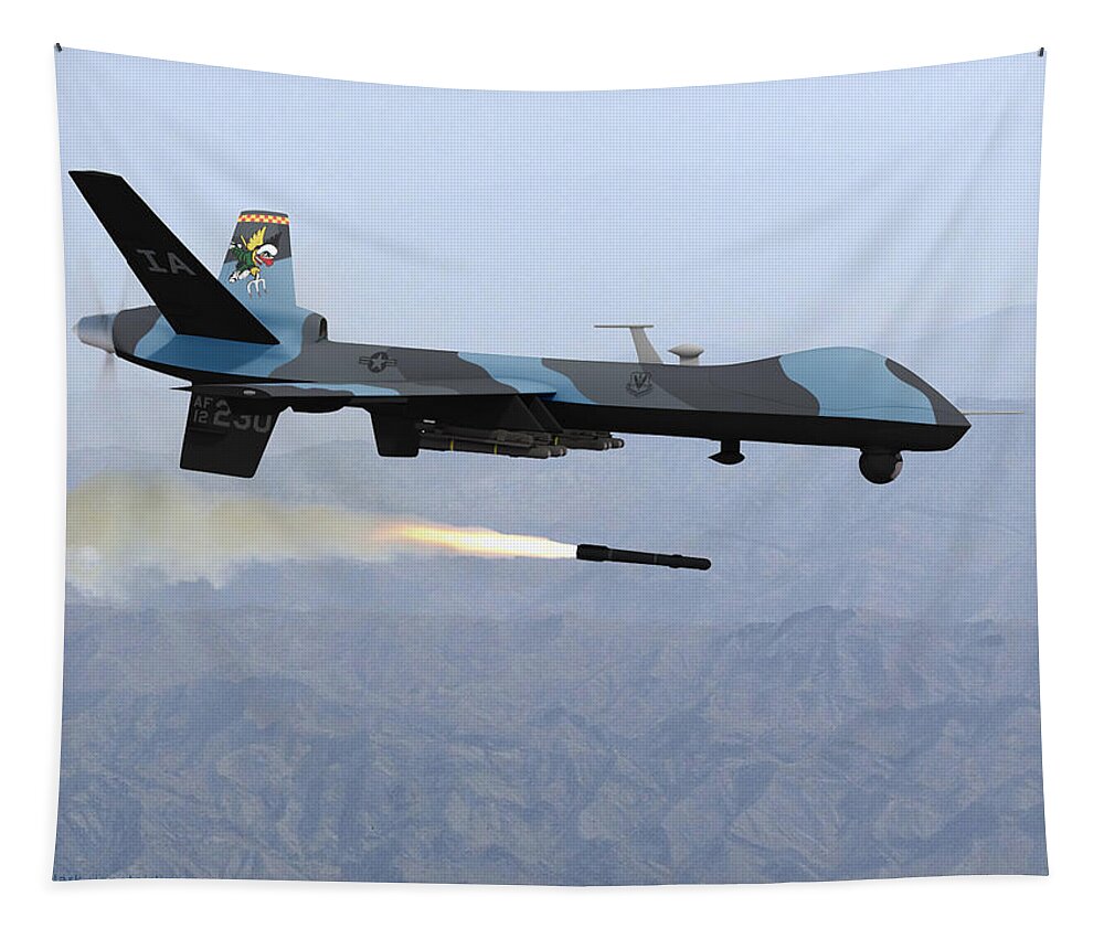 Reaper Tapestry featuring the digital art MQ-9 Reaper Firing Hellfire Missile by Custom Aviation Art