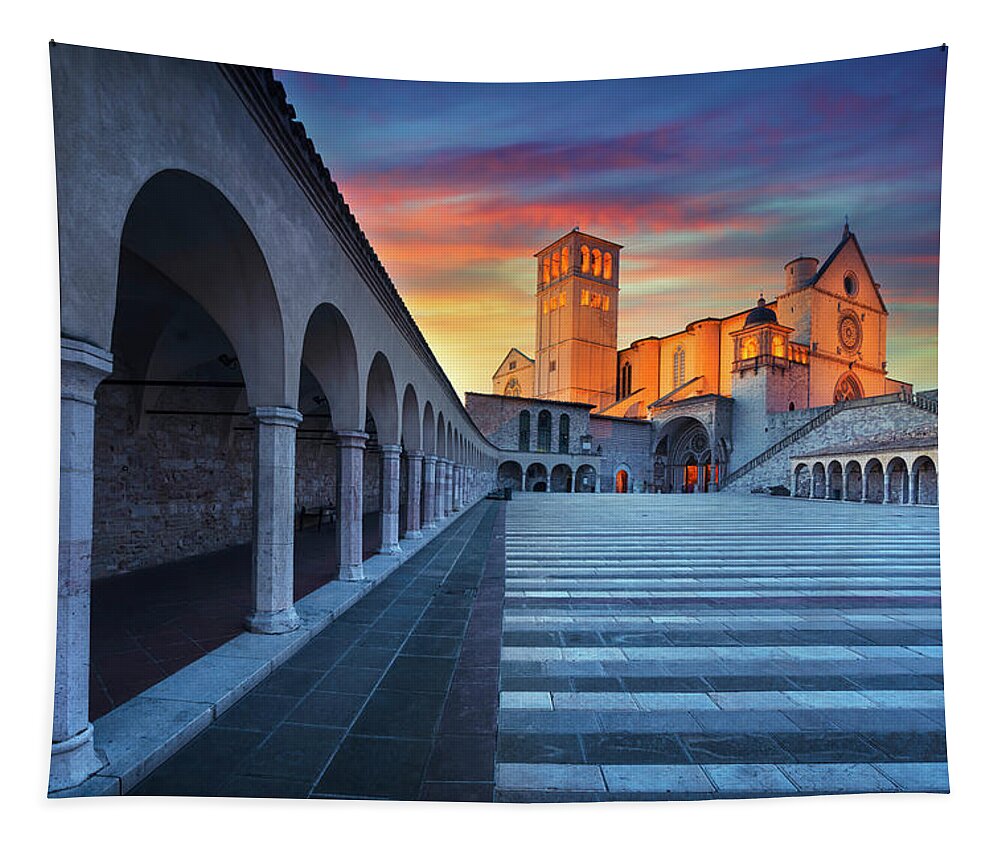 Assisi Tapestry featuring the photograph Assisi, San Francesco Basilica Sunset by Stefano Orazzini