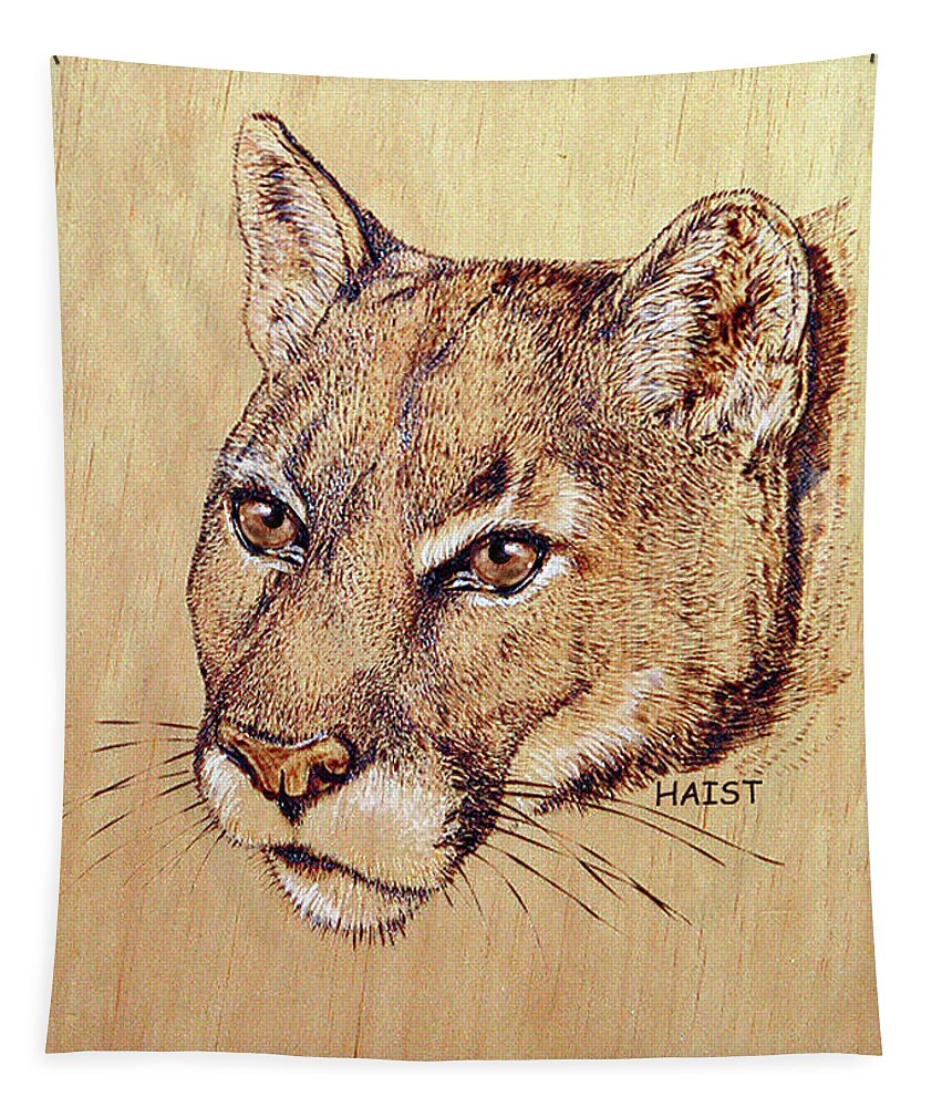 Cougar Tapestry featuring the pyrography Cougar #3 by Ron Haist