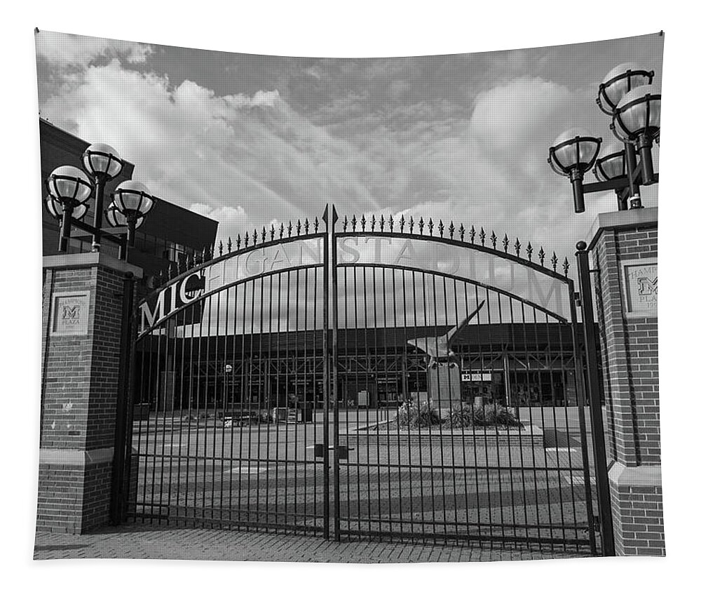 Michigan Wolverines Football Tapestry featuring the photograph Michigan Stadium sign in black and white #3 by Eldon McGraw