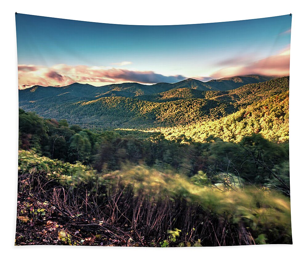 Hill Tapestry featuring the photograph Morning Sunrise Ove Blue Ridge Parkway Mountains #3 by Alex Grichenko
