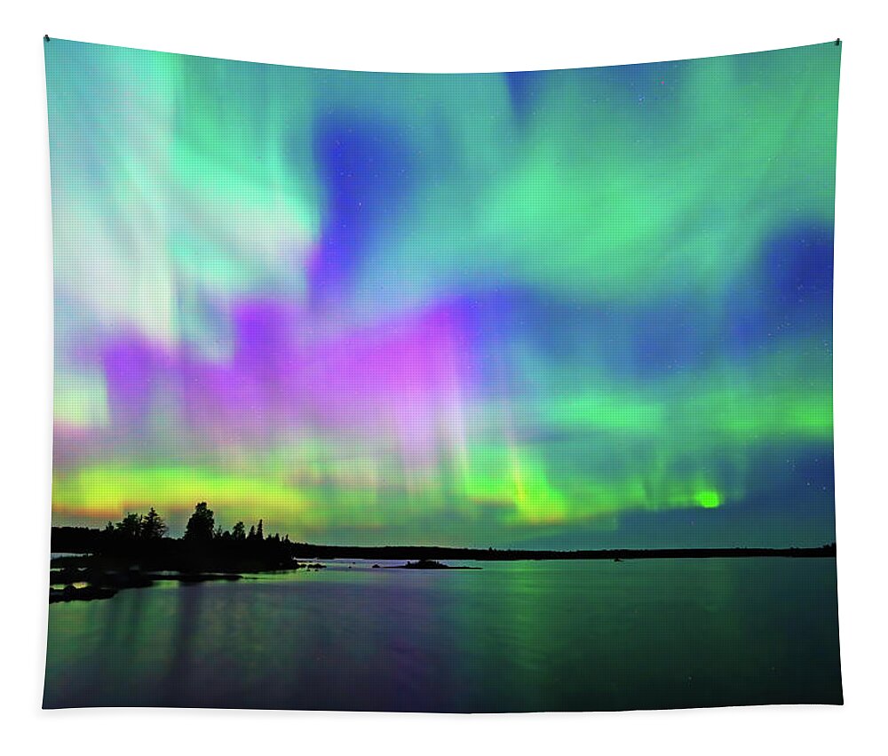 Northern Lights Tapestry featuring the photograph Northern Lights over Boulder Lake #3 by Shixing Wen
