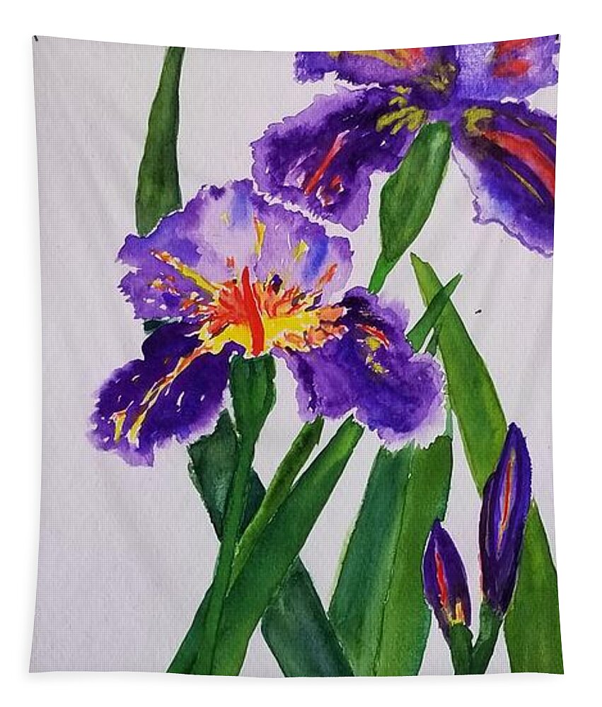 Purple Iris Tapestry featuring the painting 3 Purple Irises by Ann Frederick