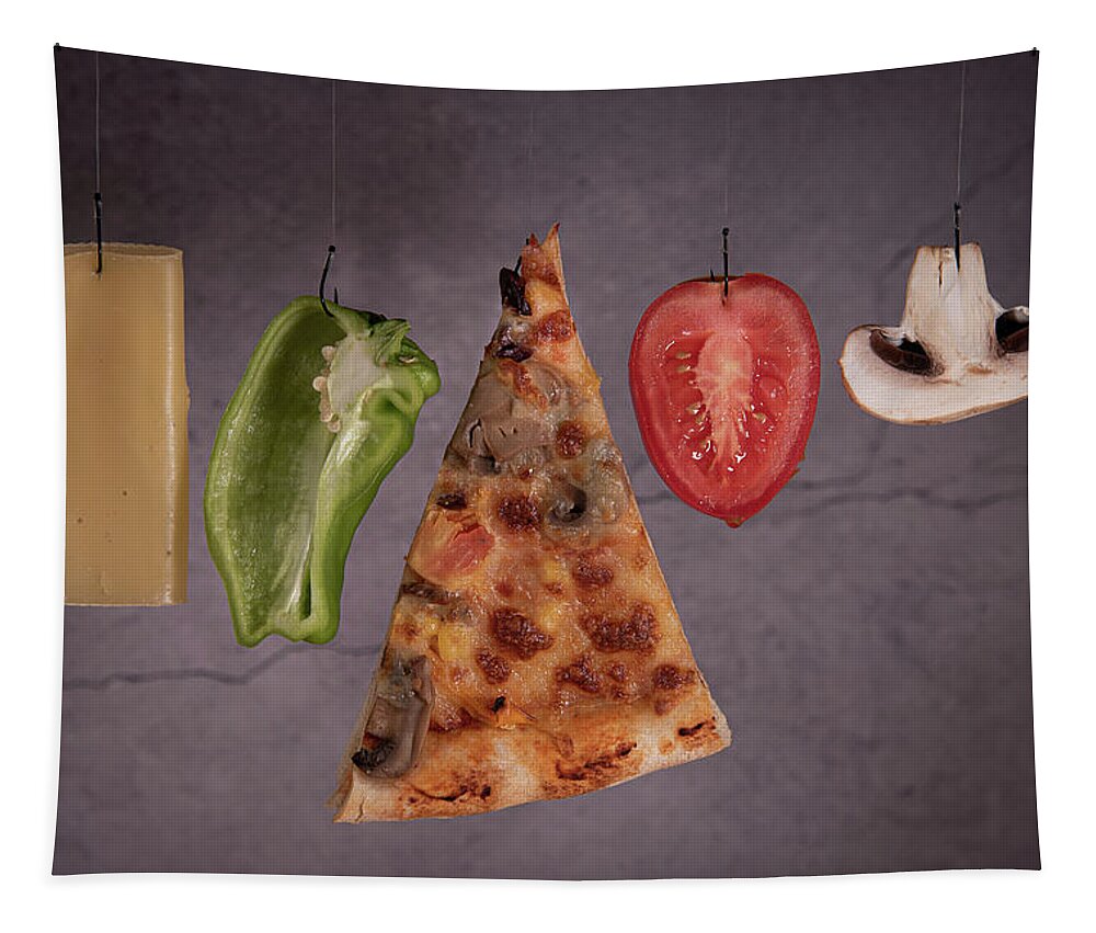 Pizza Tapestry featuring the photograph Slice of mozzarella pizza tomato cheese peeper and mushroom ingredients by Michalakis Ppalis