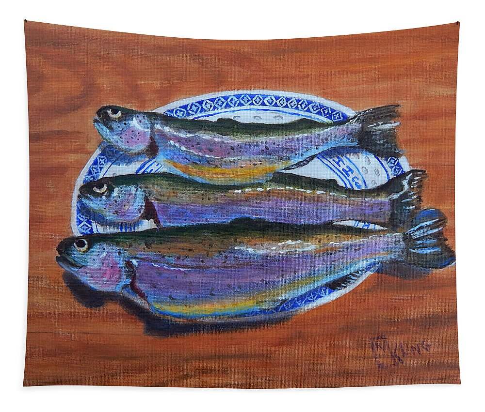 Trout Tapestry featuring the painting 3 Trout on a Plate by Mike Kling