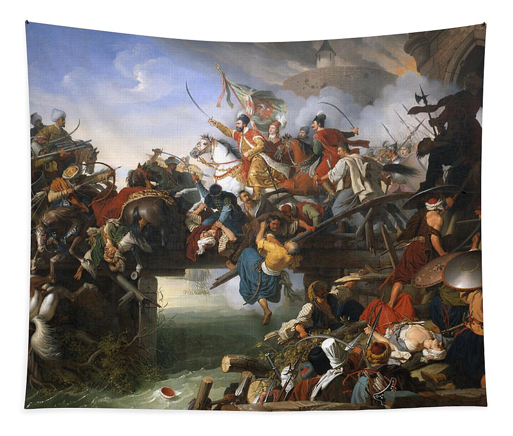 War Tapestry featuring the painting Zrinyis Charge from the Fortress of Szigetvar #3 by Peter Krafft