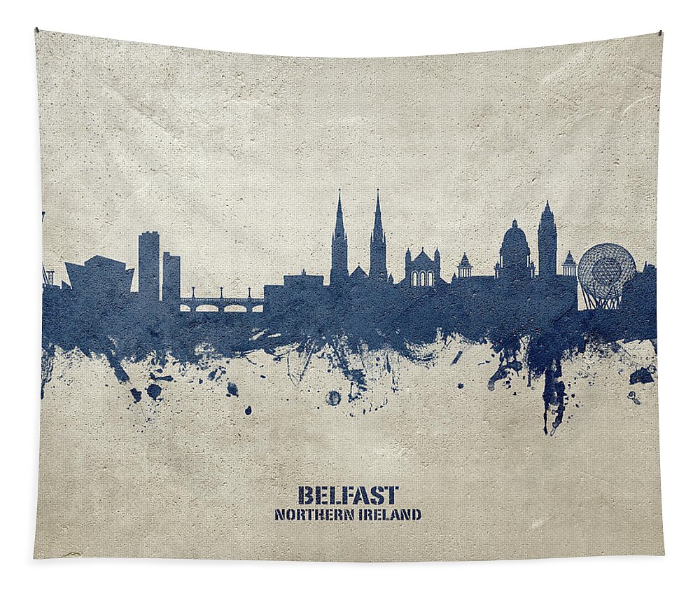 Belfast Tapestry featuring the digital art Belfast Northern Ireland Skyline #32 by Michael Tompsett