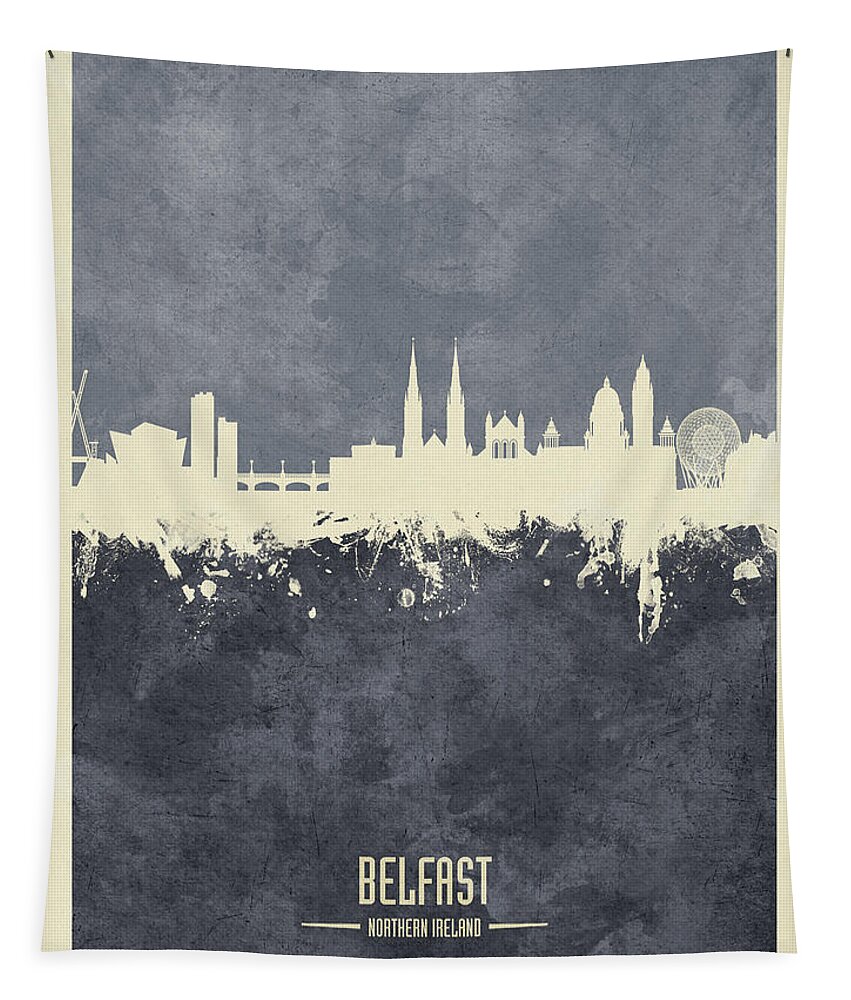 Belfast Tapestry featuring the digital art Belfast Northern Ireland Skyline #37 by Michael Tompsett