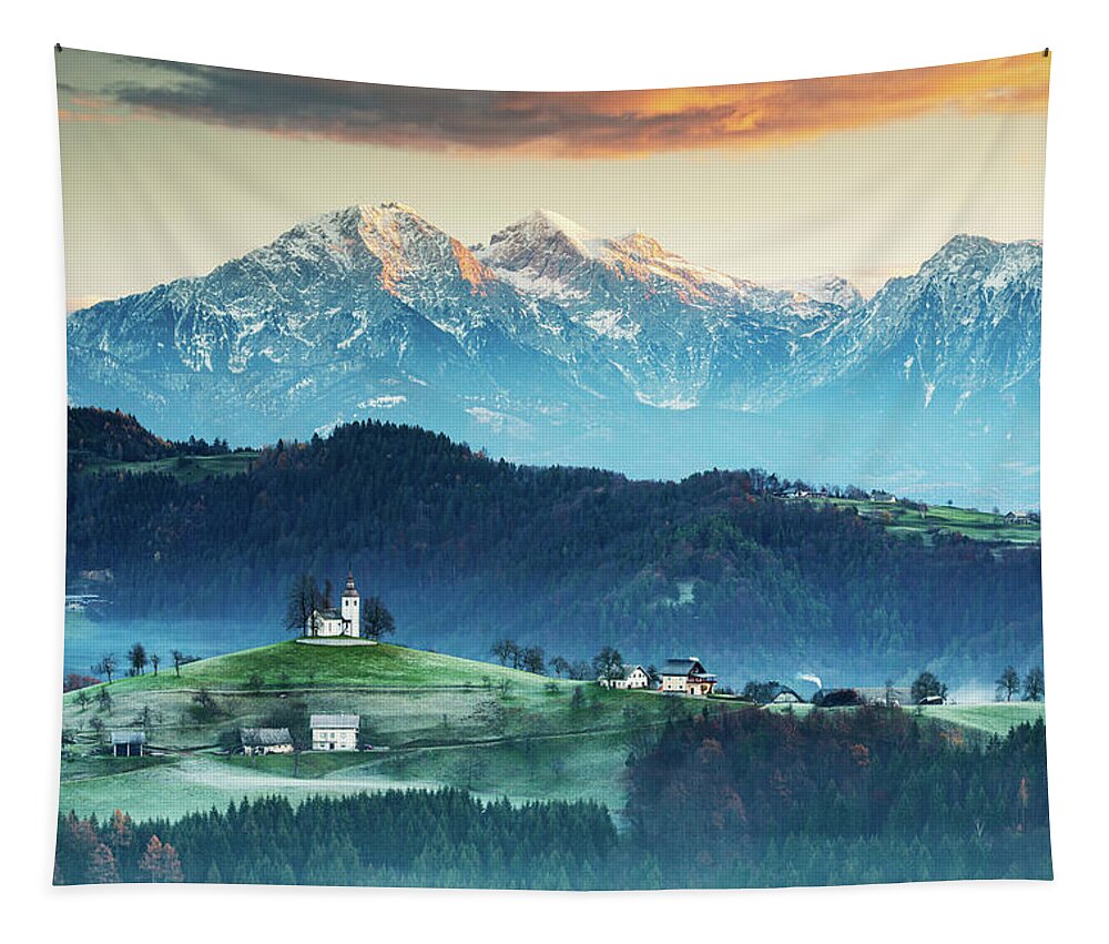 Sveti Tapestry featuring the photograph Church of Saint Thomas at sunrise #39 by Ian Middleton