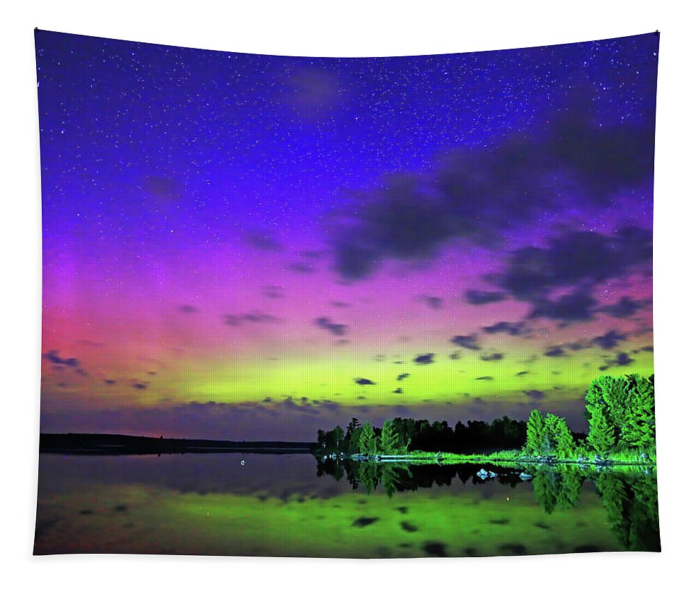 Northern Lights Tapestry featuring the photograph Northern Lights over Boulder Lake #4 by Shixing Wen