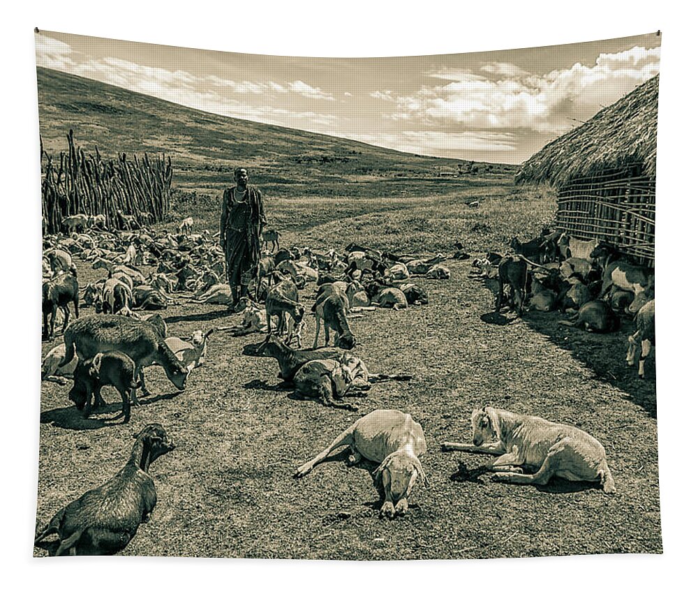 Ngorongoro Maasai Tanzania Tapestry featuring the photograph Maasai Village Ngorongoro Tanzania 4231 by Amyn Nasser