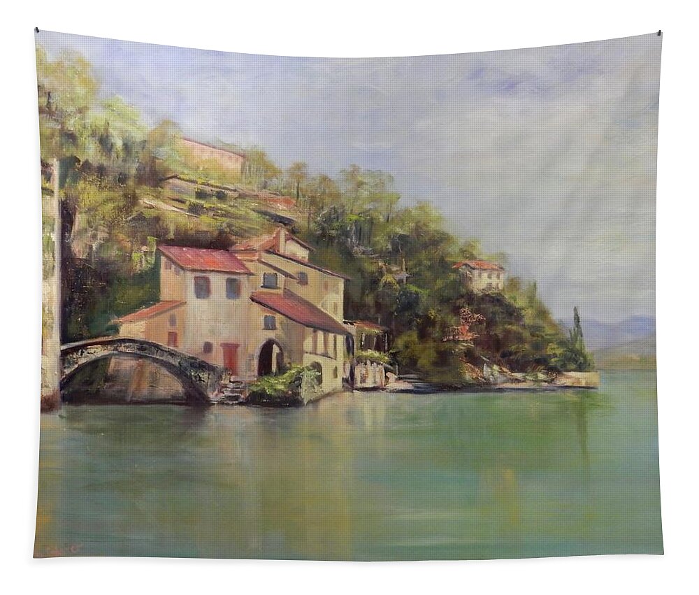 Lake Como Tapestry featuring the painting #485 Calm Waters on Lake Como #485 by Barbara Hammett Glover