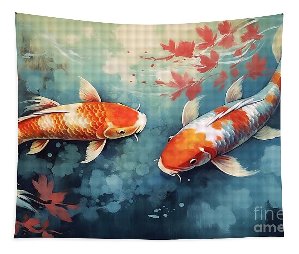 Fish Tapestry featuring the painting 4K resolution or higher, koi fish decorate in water color textur by N Akkash