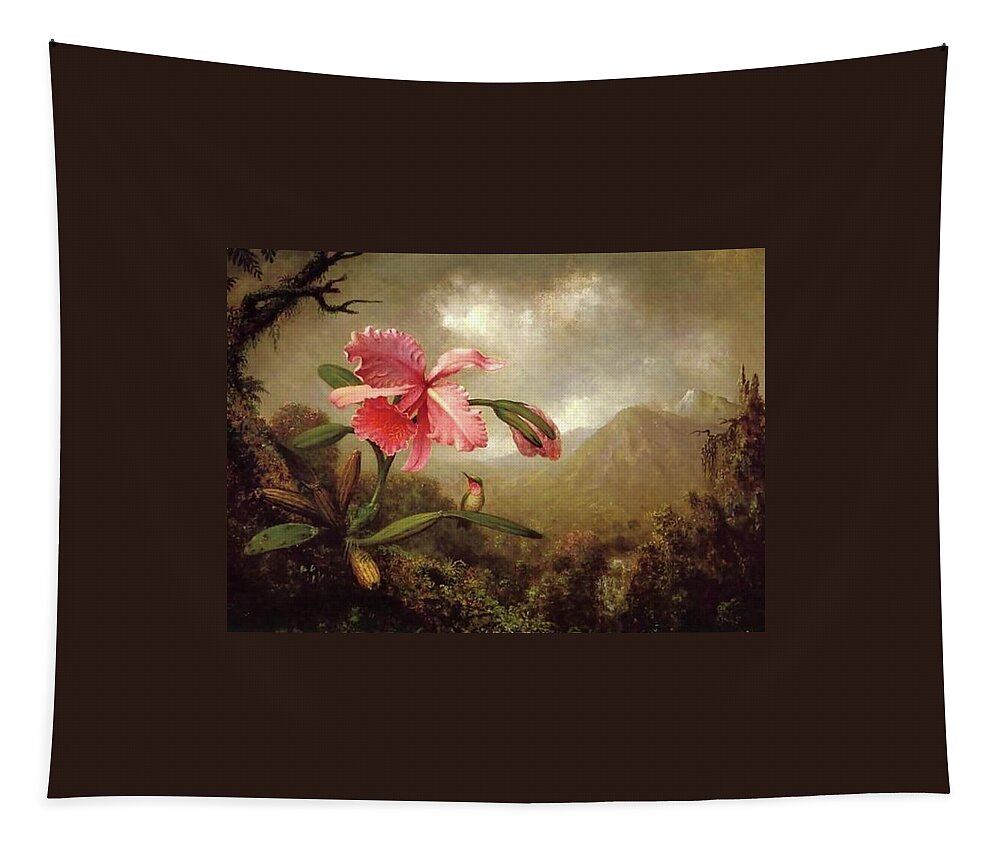 Martin Johnson Heade Tapestry featuring the painting Orchid And Hummingbird Near A Mountain Waterfall #5 by Martin Johnson Heade